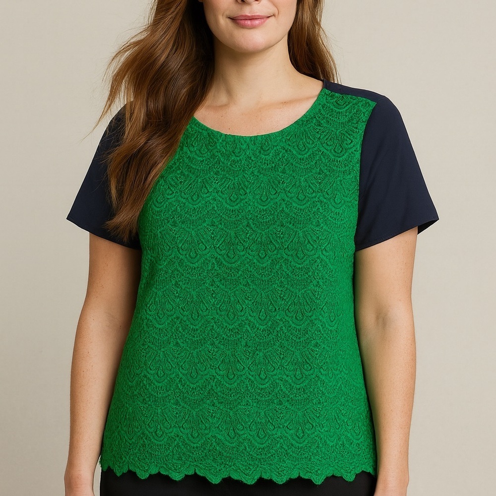 J. Crew Colorblock Emerald Lace Blouse with Navy Sleeves